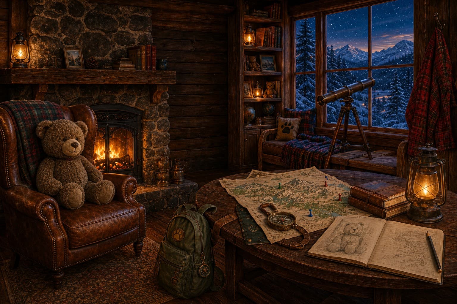 A welcoming mountain adventure lodge glowing warmly beneath snowy peaks