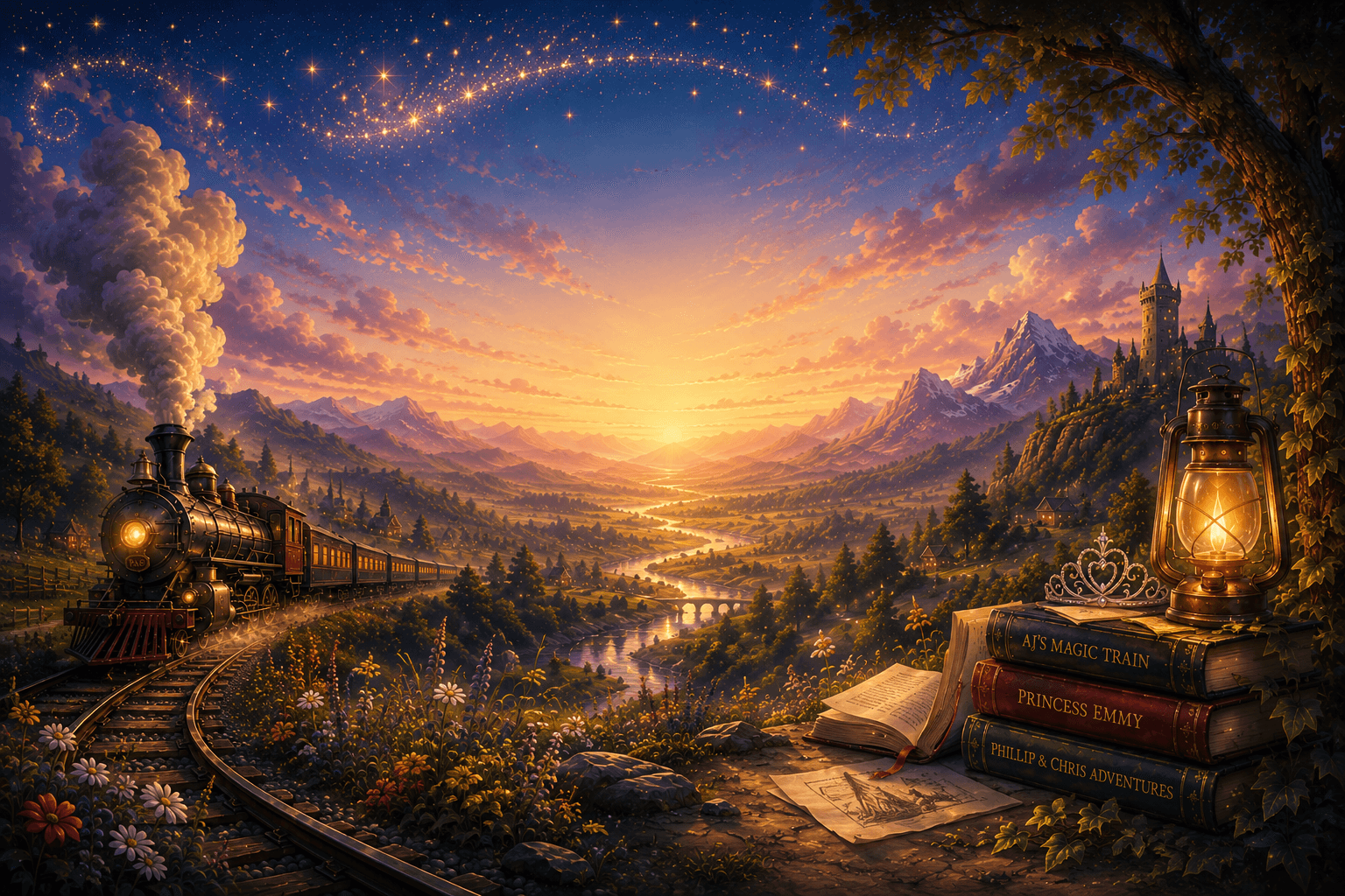 A magical steam train crossing a fantasy valley at sunset, surrounded by mountains, books, a lantern, and a distant tower