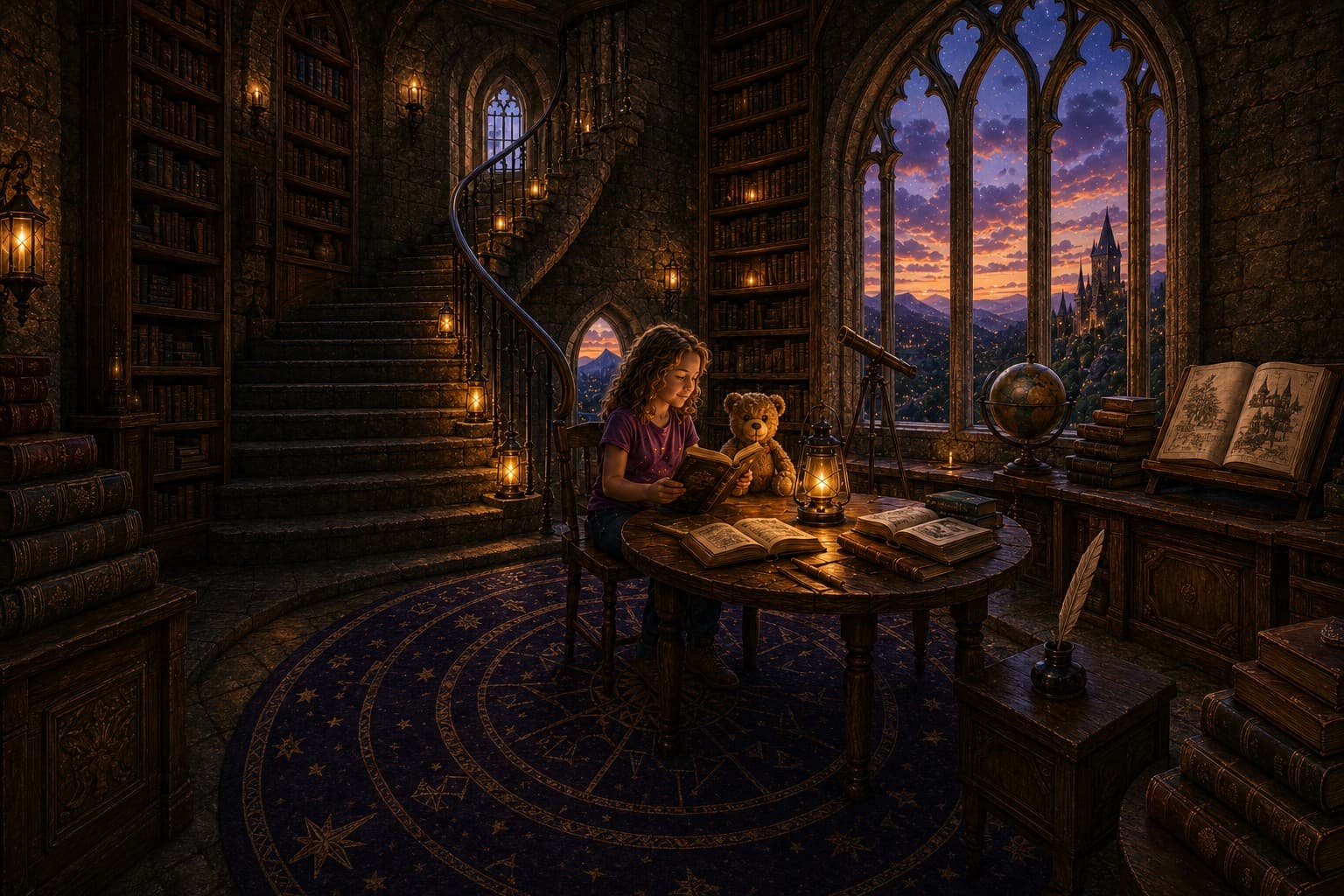 A magical tower library rising through clouds beneath a star-filled sky